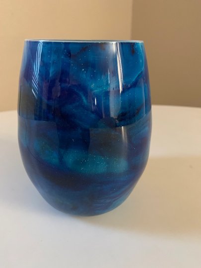 Blue Lagoon Wine Glass/Blue Marble Glass/Alcohol Ink Glass/Deep Glass