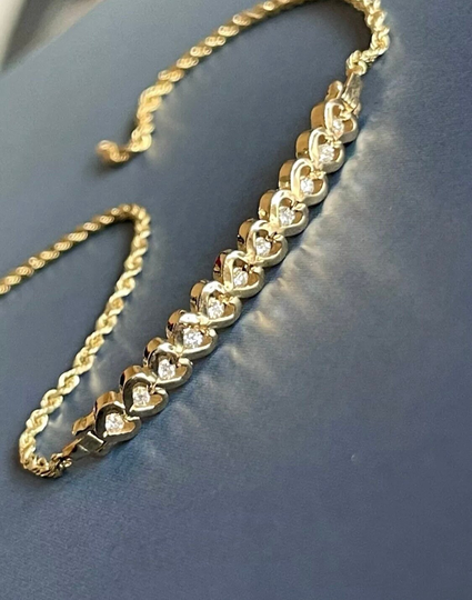 14Ct Yellow Gold Diamond Heart Bracelet 0.40Ct Bar Chain 7 Inch