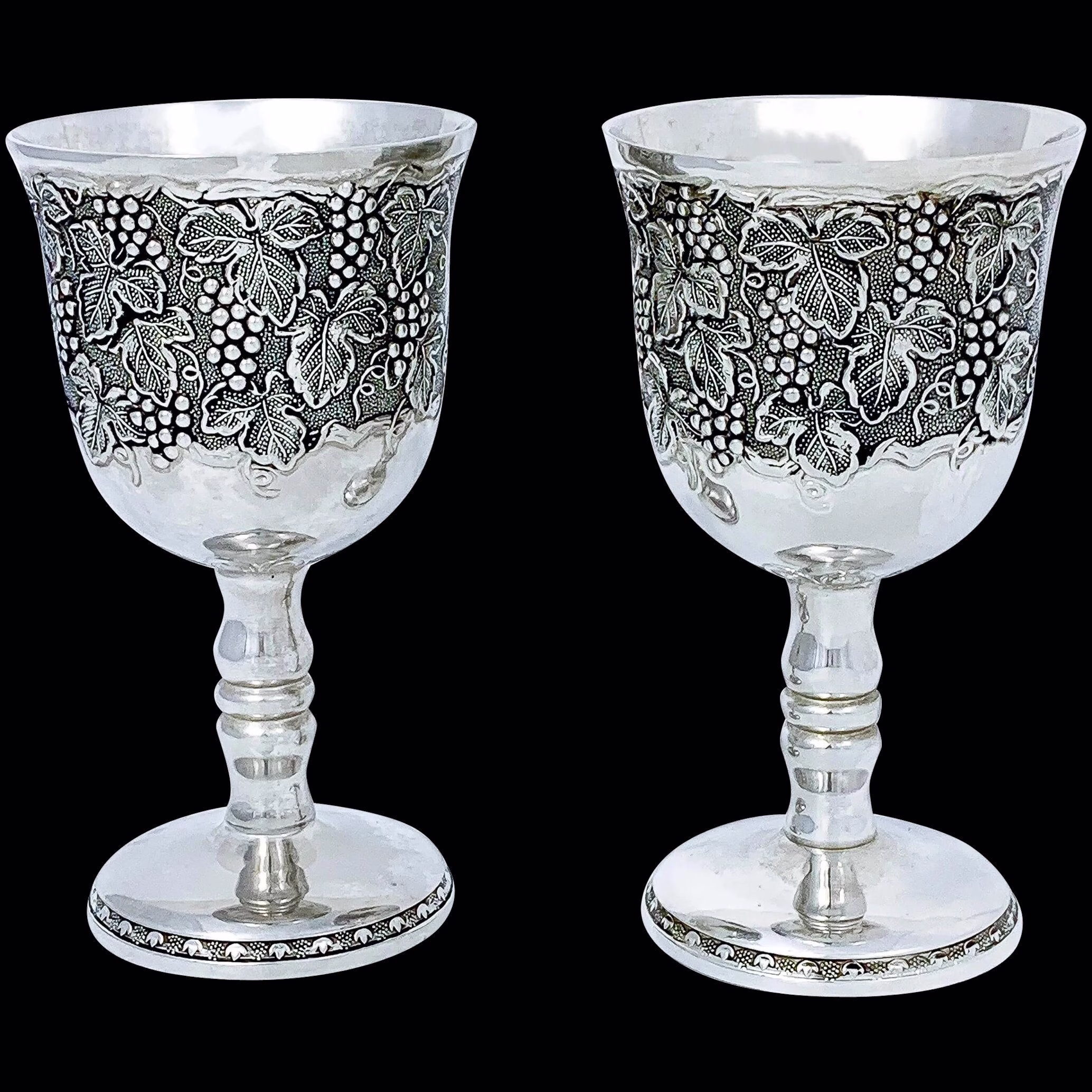Vintage Pair Of Sabbath Kiddush Wine Goblets Decorated With Fruiting Vines & Grapes
