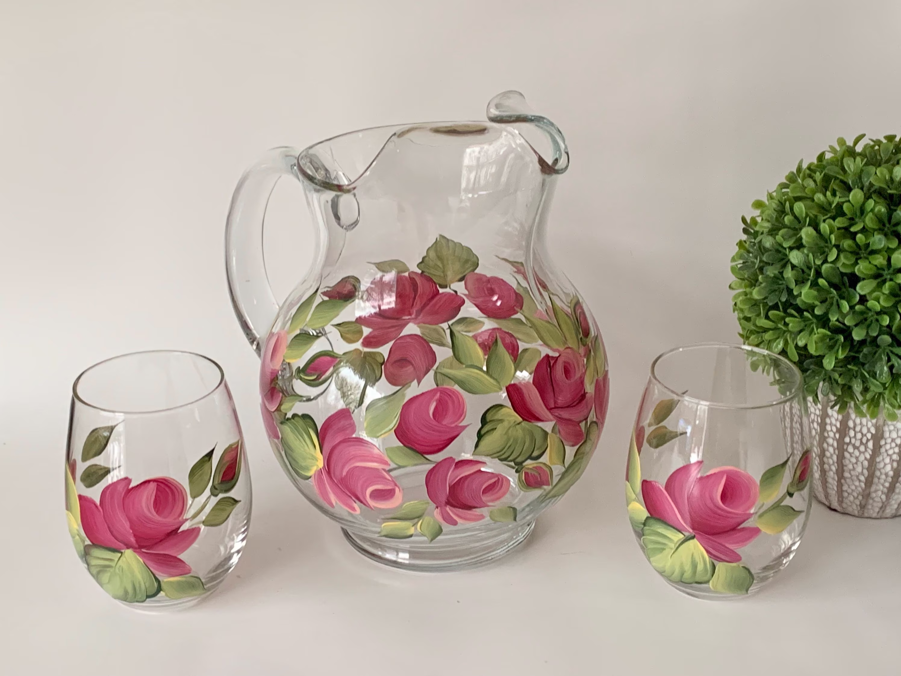 Painted Pitcher Set, Large Glass Pitcher, Sangria Lemonade Vase Stemless Glasses, Handpainted Glass, Ice Tea