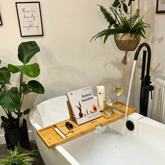 Eco Bath Luxury Bamboo Tray + Free Epsom Salt | Caddy With Wine Glass, Candle, Book, Tablet, Ipad & Phone Holder