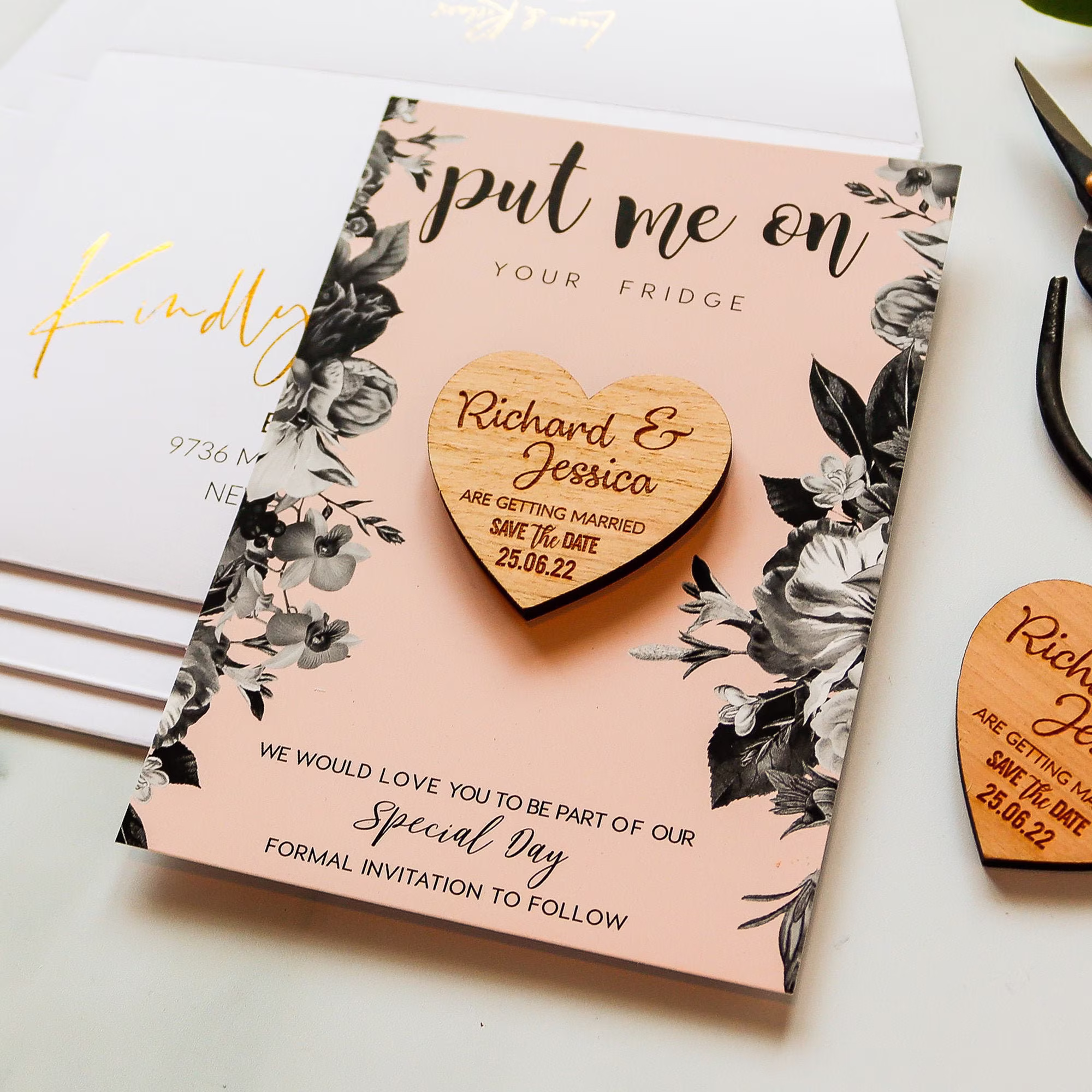 Save The Date Magnet + Cards, Rustic Wedding Wood Heart With Unique Blush Vintage Floral Card, Custom Save Dates Ideas Envelope, Pink