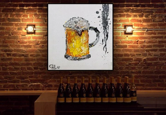 Beer Glass Original Painting Abstract Acrylic On Canvas Large Bar Wall Art Texture Drink Handmade Food Oversize Liquer Pub Club Home Kitchen