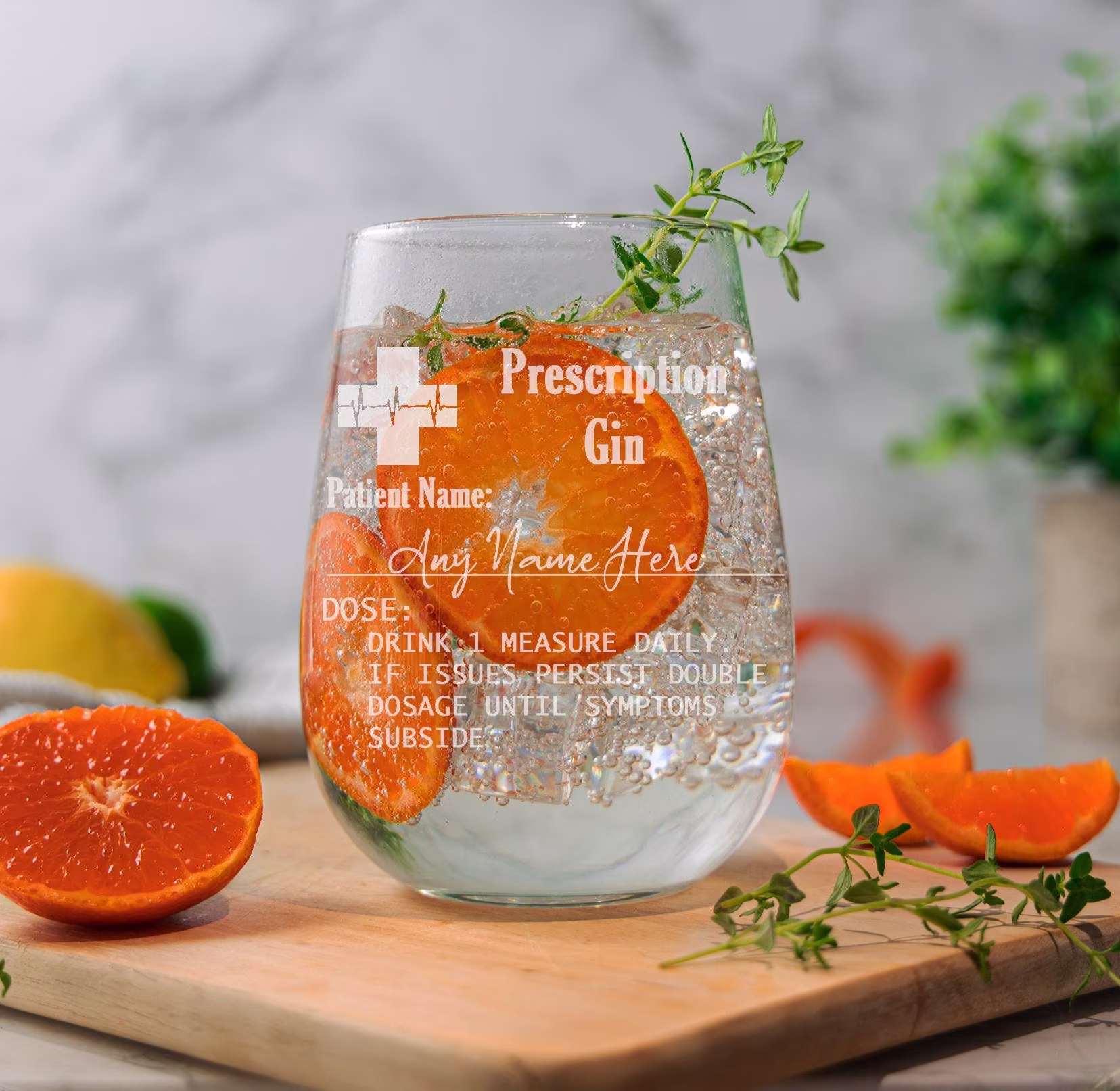 Personalised Engraved Stemless Gin Glass Novelty Etched Prescription And/Or Matching Coaster Gift - Custom Made To Order Gift For Her Him