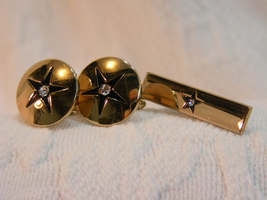 Vintage Cuff Links & Tie Bar Set, Gold Tone With Black Star Rhinestone Center, Swank