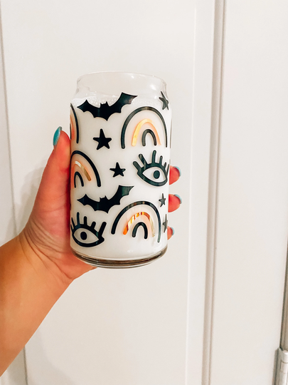 Evil Eye & Bat Can Glass | Rainbow Cup| Iced Coffee Beer Soda Cup 16Oz Pint Halloween