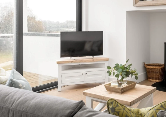 Corner Tv Unit With Media Shelf & Shaker Door. Handmade in Any Size Or Colour Thick Rustic Top White Painted Base