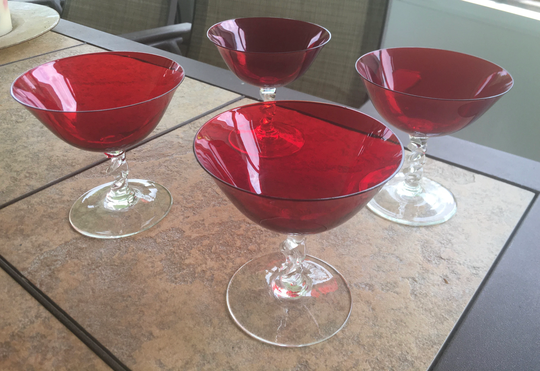 Cocktail Set Ruby Red Mid Century Modern Deep Glassware with Clear Twist Base - Sold As Set Of 4 Only | 1930-1950 Era Vintage