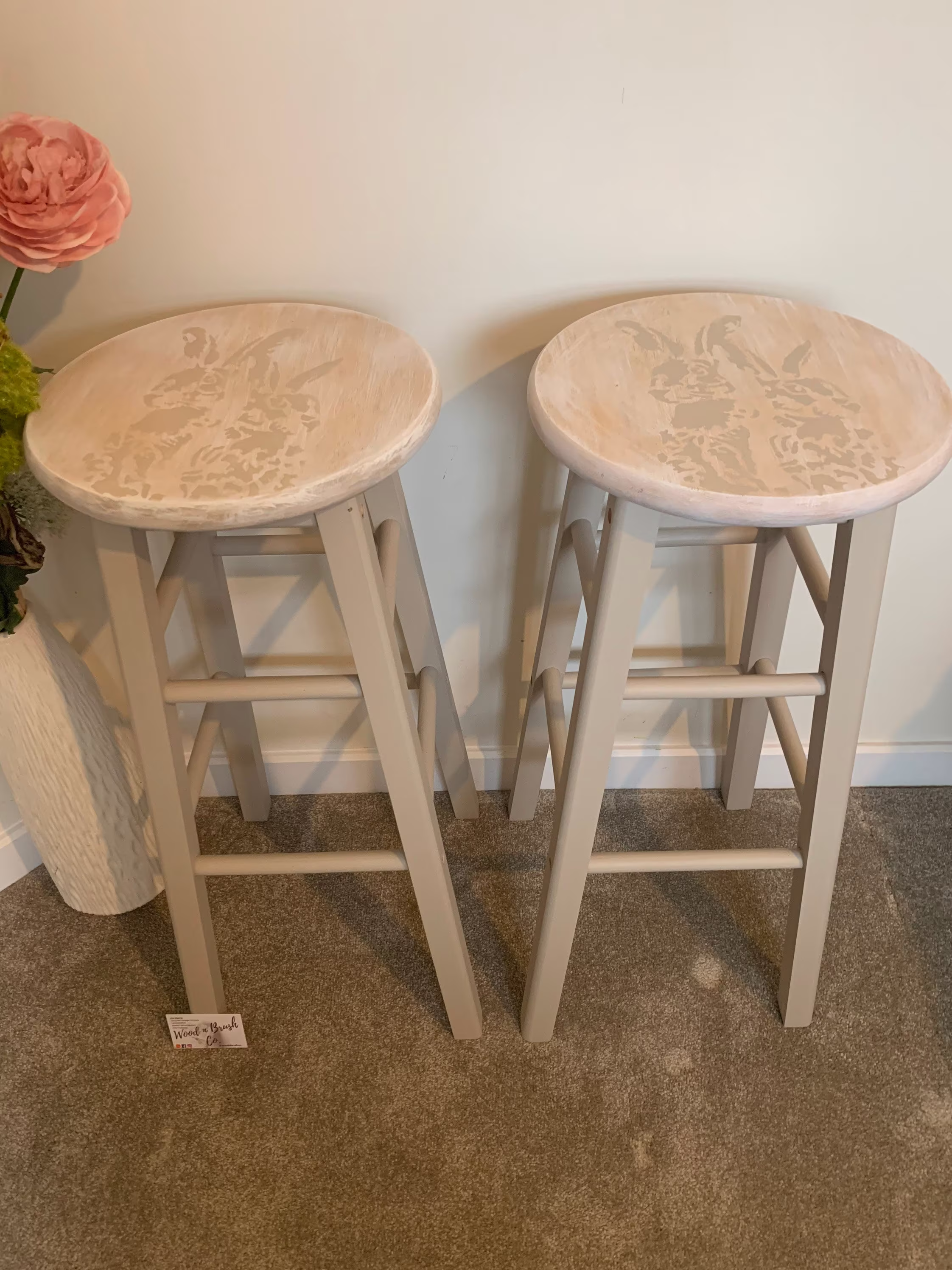 Pair Of Bar Stools Wooden Painted Bespoke Stencilled