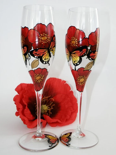 Hand Painted Wedding Toasting Flutes Set Of 2 Personalized Champagne Glasses Red Poppies & Butterflies