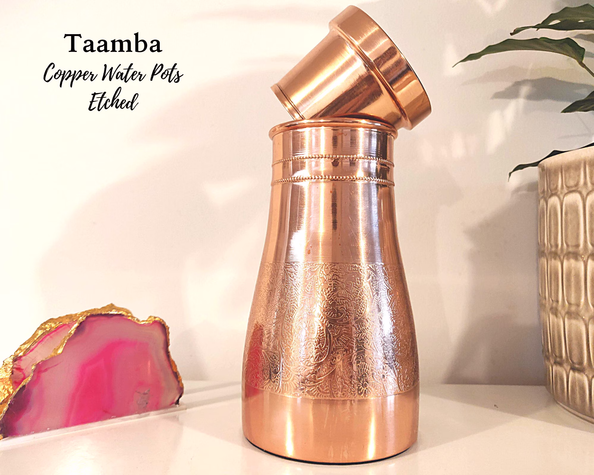 Copper Water Carafe With Removable Copper Lid, Etched Design, Health Benefits - Anniversary, Birthday Gifts
