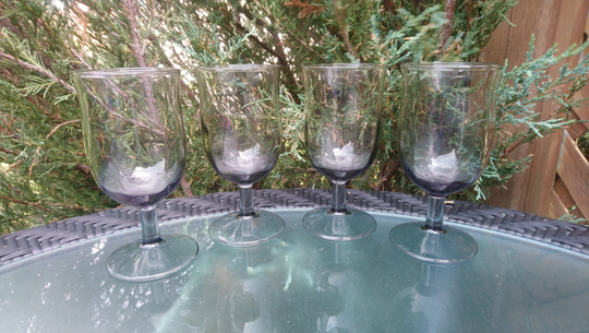Set Of Four Smoked Glass Tulip Stemmed Water Glasses Or Wine Glasses, Goblets, Optic Swirl Bowl, Short Drinking Stemware