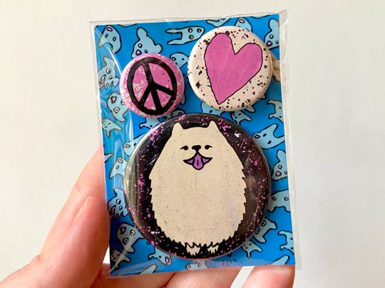 Pinback Buttons Or Magnets - Peace Love Pom Set Of Three Pomeranian Dog Lover Pins Fridge Magnets