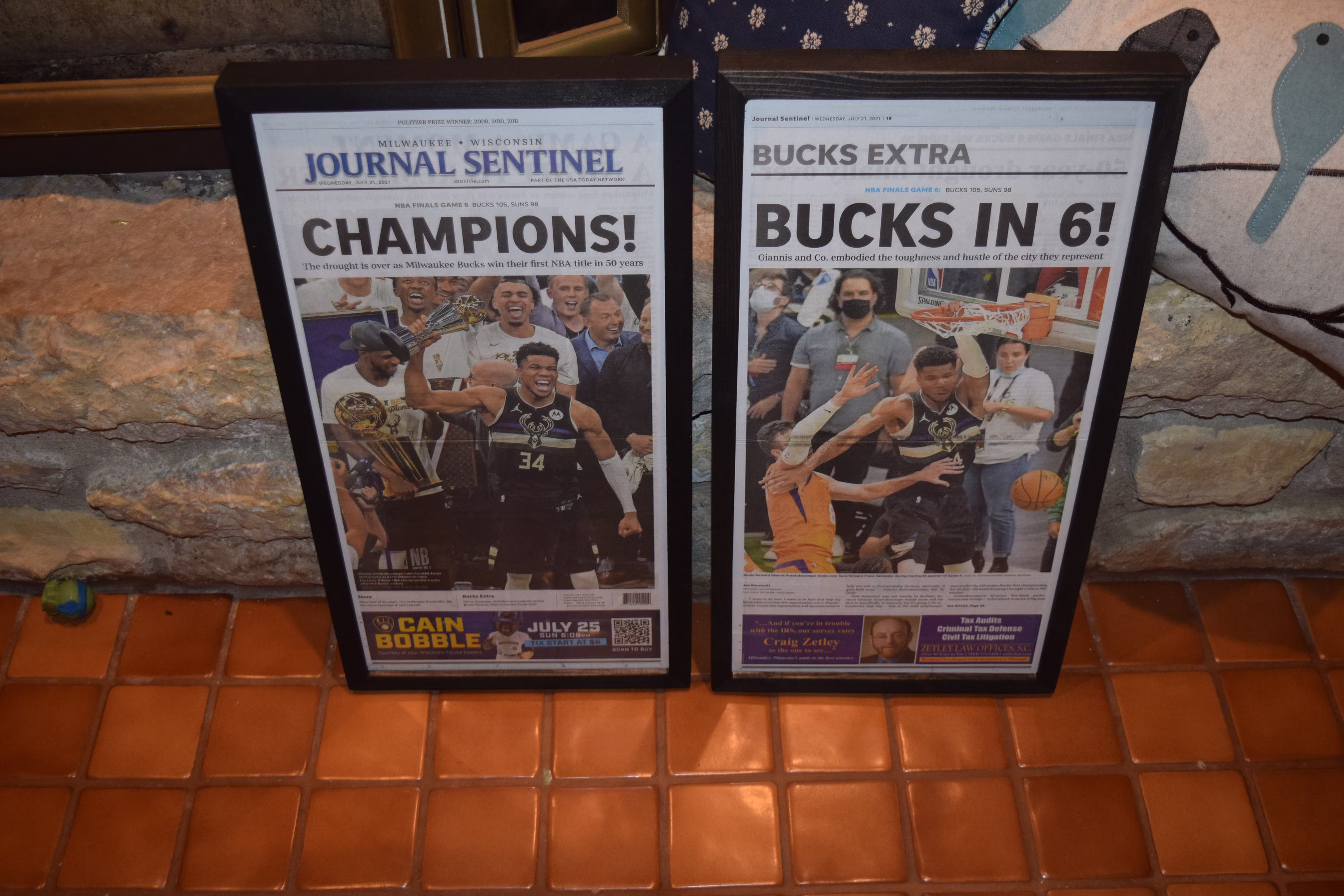 Free Shipping 2 Set Milwaukee Bucks 2021 Nba Champions Custom Framed Original Newspaper Deep Profile Frame Journal Sentinel