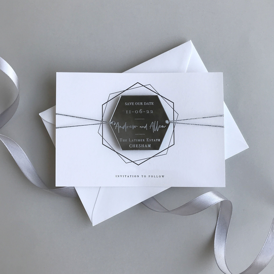 Classy Hexagon Magnet Save The Date - Luxury Silver Mirror Plexi Acrylic Hexagon, The Date Cards, Wedding Invite, Foil & Envelope