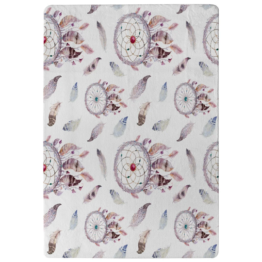 Harmon Dreamcatcher and Feather Pattern Designer Shaggy White/Purple Rug