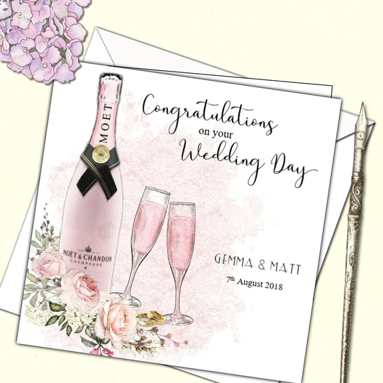 Personalised Wedding Day Engagement Anniversary Congratulations Card Champagne & Rosespersonalised