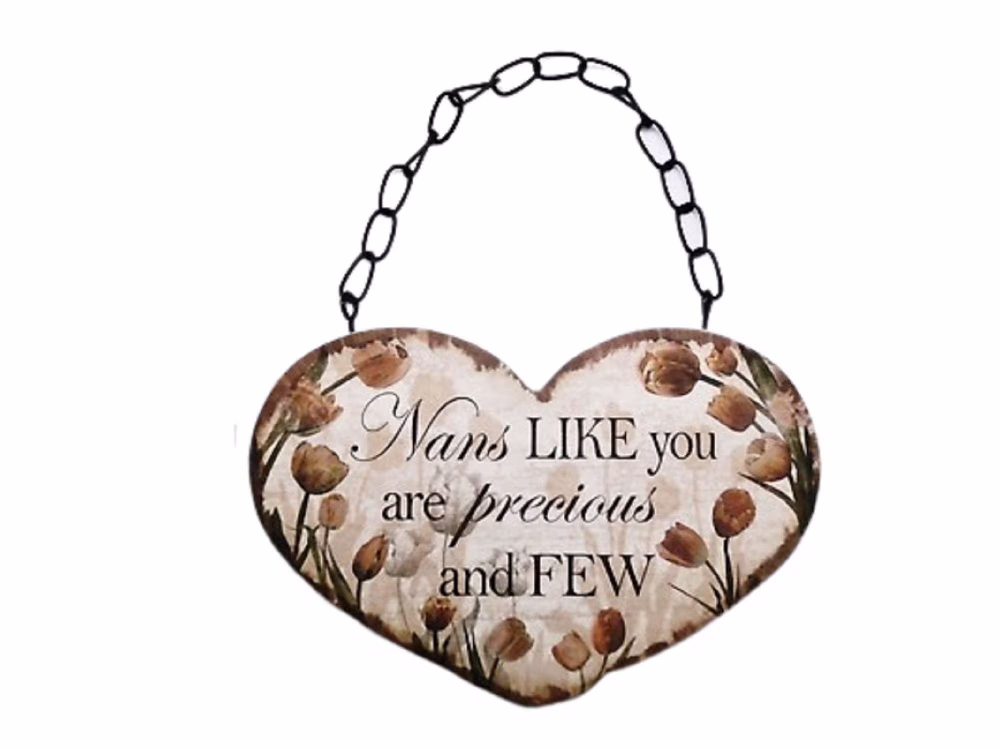 Nan Plaque Nan's Like You Are Precious & Few Heart Shaped Wall Sign Tulips Cream Brown Red Vintage Rustic Style Wood & Metal Hanging Chain
