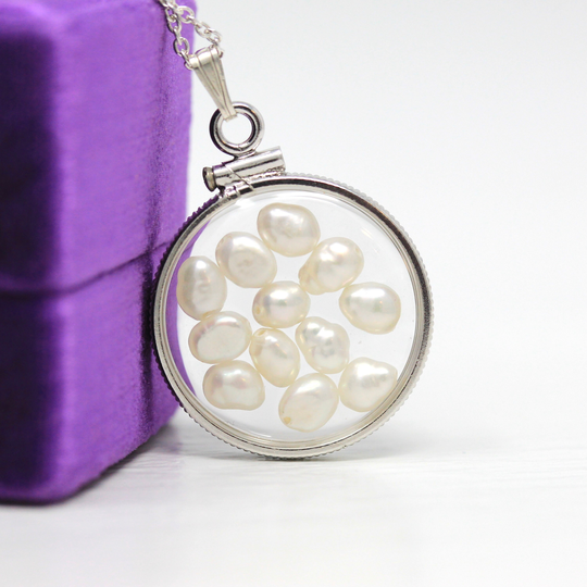 Baroque Pearl Shaker Locket - Handcrafted Sterling Silver Lucite Pendant Necklace Charm June Birthstone Coin Bezel Nickel Sized Jewelry