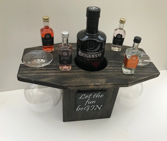 Table Top Gin Bar Solid Wood With Chalkboard Slate Personalised - Takes 2 Hanging Glasses & Bottle Holder, Butlers