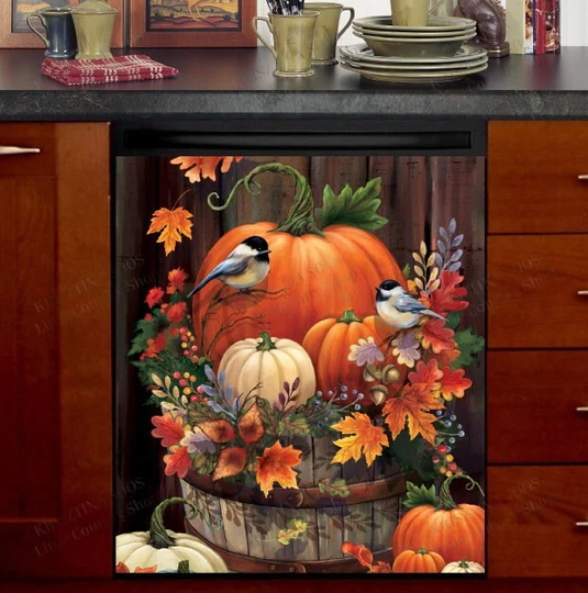 Kitchen Dishwasher Magnet Cover - Autumn Pumpkin Chickadees