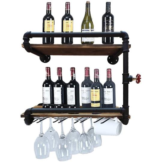 Industrial Wall Mounted Wine Racks With 4 Stem Glass Holder,24Inch Rustic Metal Hanging Wine Holder Glass Rack,2-Tiers Floating Bar Shelves Bottle Hol