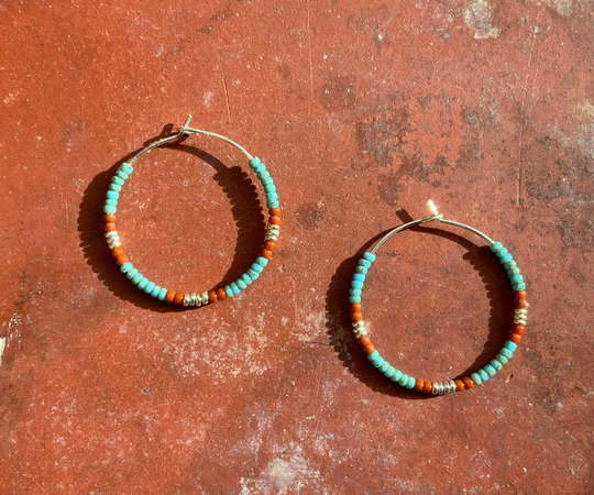 Boho Southwestern Turquoise Terracotta & Silver Beaded Hoop Earrings