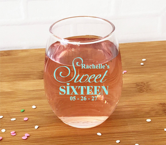 Printed 24 Pieces Of Sweet Sixteen Personalized Stemless Wine Glass Favors - 16 Party {Item#858C-J}