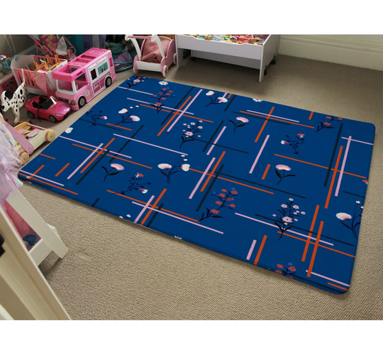 Pepin Flowers with Check Grid for Fashion Designer Shaggy Navy Rug