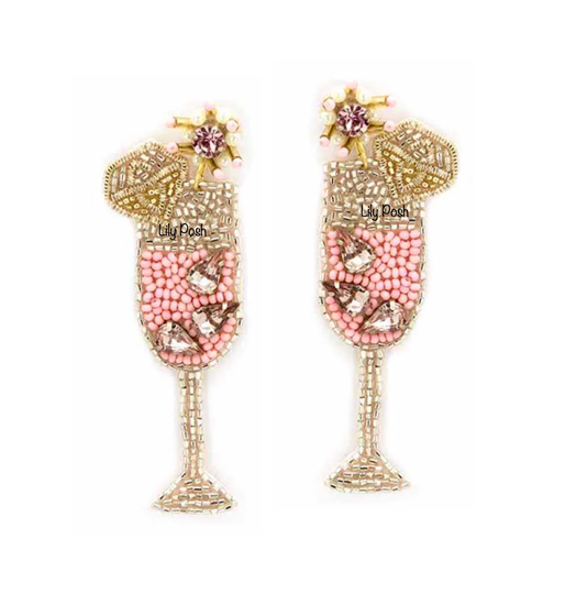Pink Champagne Glass Earring, Seed Bead Statement Bridesmaid Gift, Bridal Shower, Beach Wedding