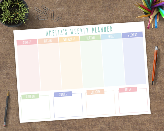 Personalised Rainbow Weekly Planner Notepad, Desk Pad Planner, A4 Or A5 Tearable Pad, Children's Daily Day Organiser, Teenagers To Do List