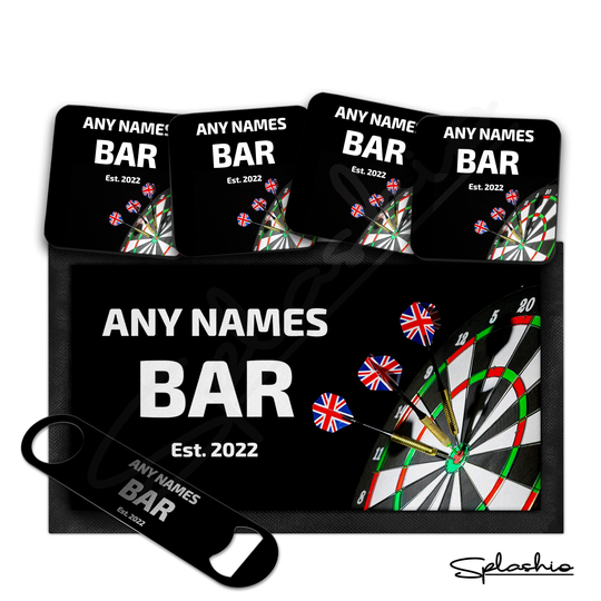 Personalised Bar Runner Mat, Darts Home Opener & 4 X Drinks Coasters Gift Set Garden Sets/Mats