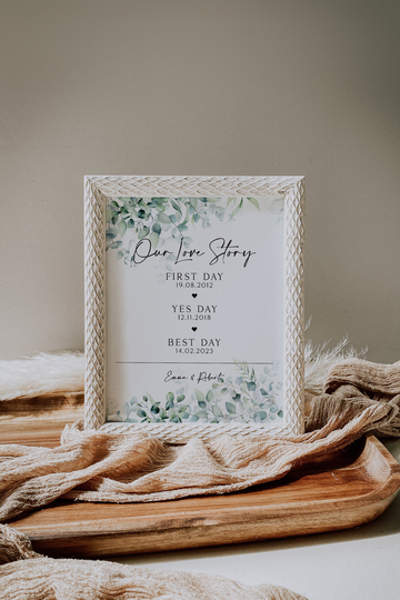 Personalised Our Love Story Sign, Timeline, Special Dates Wedding Table Relationship Milestone Dates, Eucalyptus