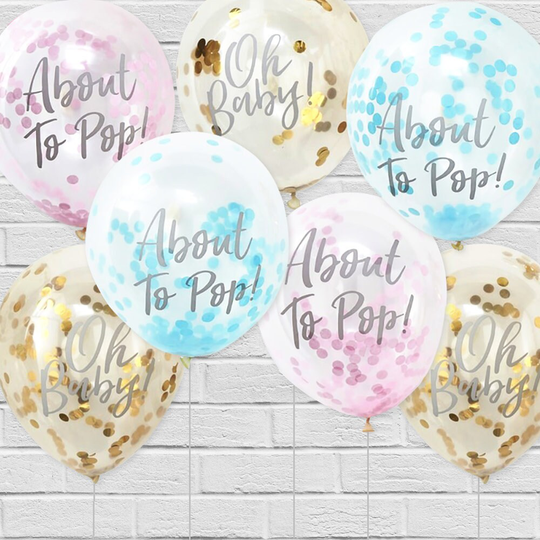 5 Baby Shower Confetti Balloons, Blue Pink About To Pop Oh Gold Gender Reveal Party Decoration