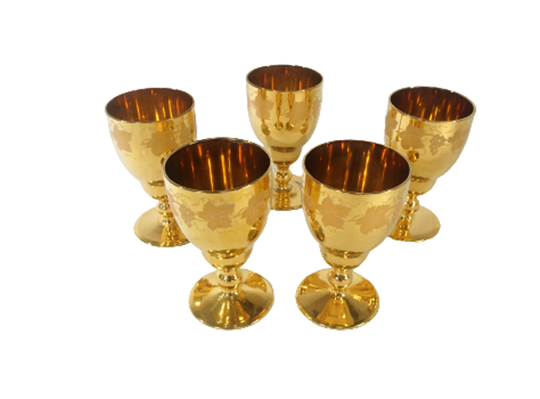 5 Glass Gold Overlay Goblets With Embossed Grape Vine, Vintage Stemware, Barware, Wedding Stemware