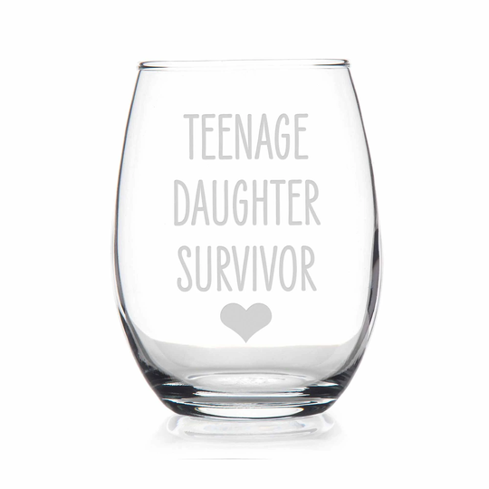 Teenage Daughter Survivor Stemless Wine Glass - Gifts For Mom, Mothers Day Gifts, Glass, Funny