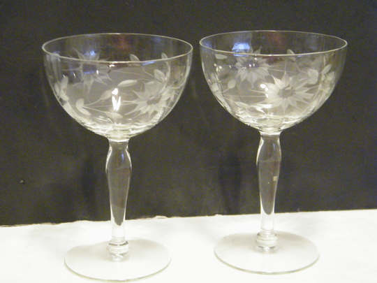 2 Etched Floral Coupe Wine Glasses With Long Tapered Stem, Vintage Pair Replacement Stemware
