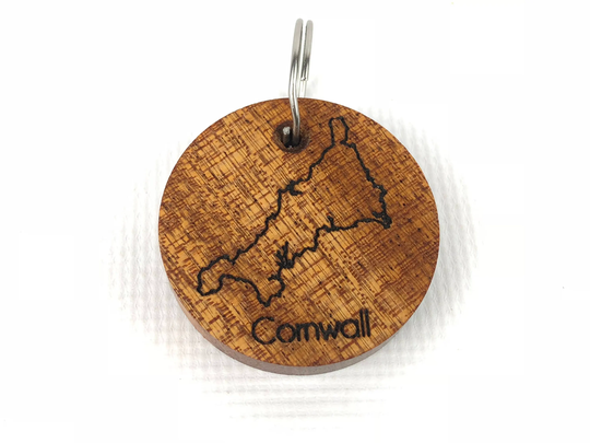 Cornwall Map Keyring - Handmade Reclaimed Wood Made in Wooden Rustic Tactile Recycled Fridge Magnet Branding Key Fob Loop