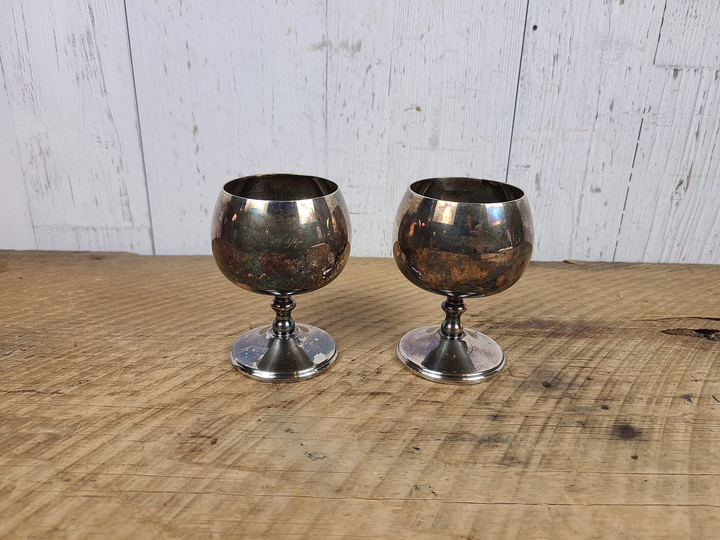 Vintage Set Of 2 Happy 20Th Anniversary Goblets Silver Plated Chalices S.p. Copper Canada Footed Wine Cups Glass Stemware Hollywood Regency