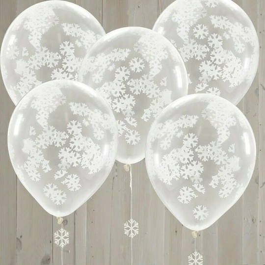 5 Snowflake Shaped Confetti Balloons, Rustic Christmas Decoration, Frozen Party, Party Balloons