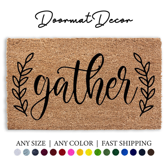 Gather Script Doormat, Flocked Coir Door Mat, Outdoor Welcome Rug, Custom Personalized Autumn Fall Thanksgiving Home Decor