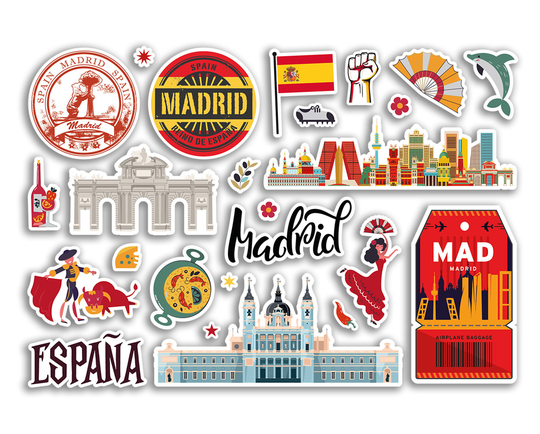 A5 Sticker Sheet Madrid Landmarks Vinyl Stickers - Spain City Map Airport Flag Stamps Skyline Travel Holiday Scrapbook Aesthetic #79036