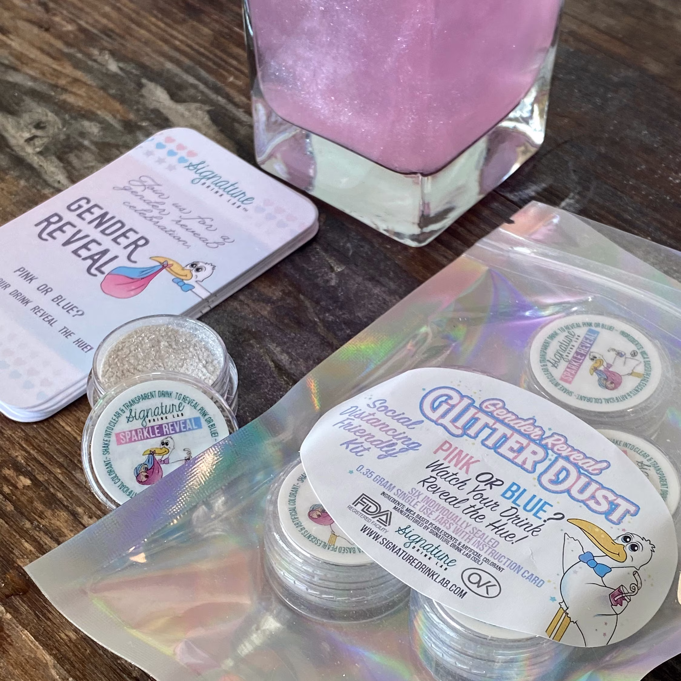 Gender Reveal Glitter Dustâ„¢ Drink Pearl Luster Magically Color in Seconds For Virtual Baby Showers