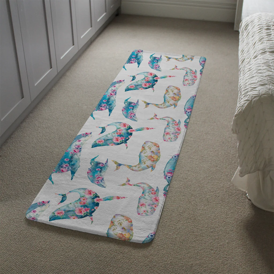 Leduc Whale with Flowers Designer Shaggy White/Blue Rug
