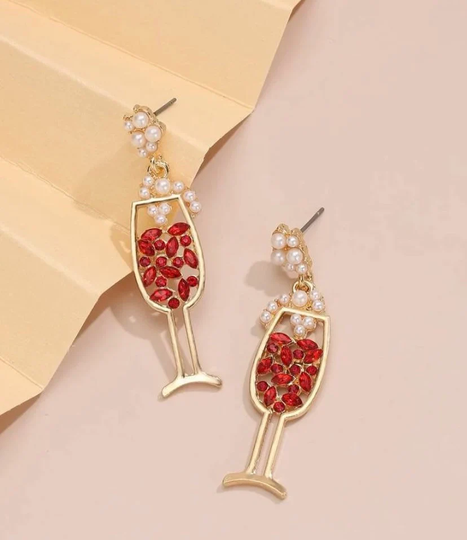 Red Rhinestone Gold Framed Bubbling Wine Glass Post Back Earrings