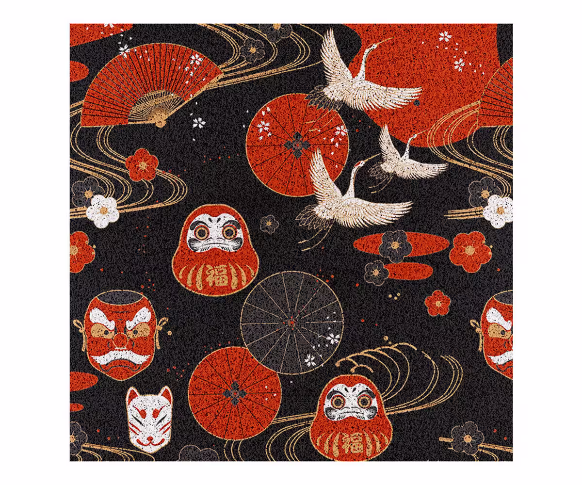 Black & White Entrance Door Mat, Japanese Dharma Crane Patio Doormat, PVC Mats With Rubber Back, Cute Doorway Mat
