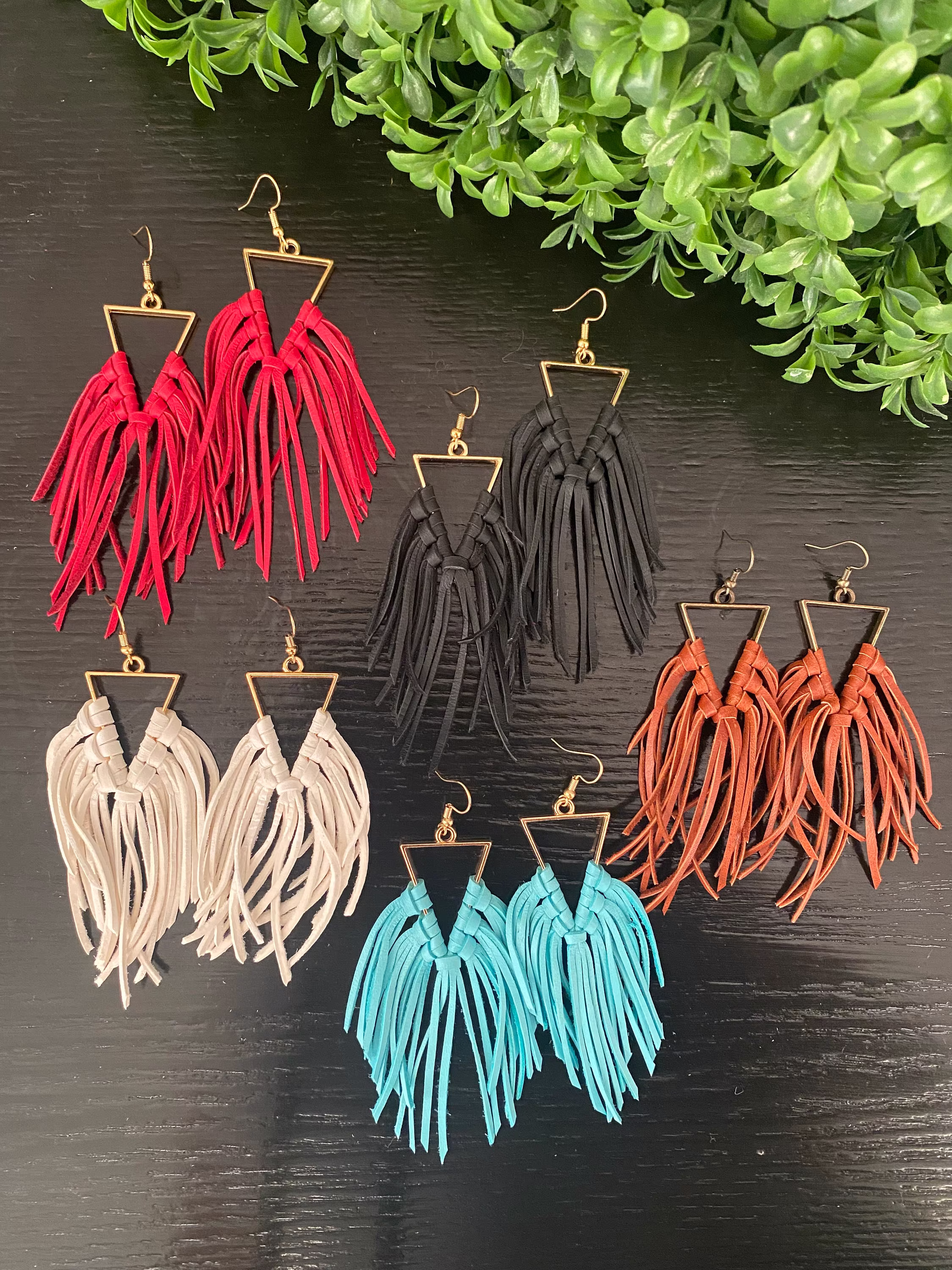 Triangle Genuine Leather Boho, Fringe Hoop Earrings