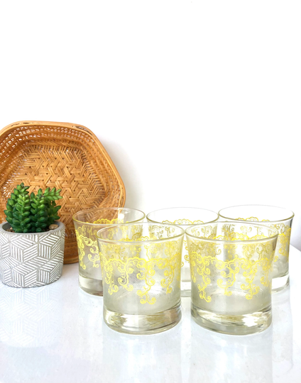 Vintage Barware Yellow Scroll Old Fashioned/Whiskey Glass Set
