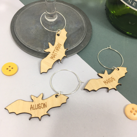 Personalised Halloween Glass Charm, Bat Shaped Wine Party Identifier, Wooden Charms, Name Place Settings