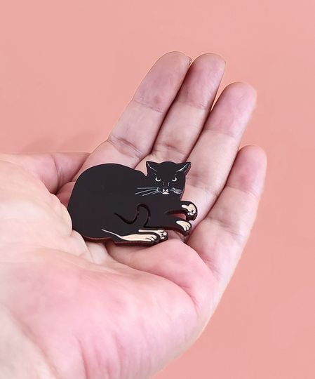 Black Cat Pin, Brooch, Wooden Mother Of Cats, Pet Cute Magnet, Fridge Bk 67